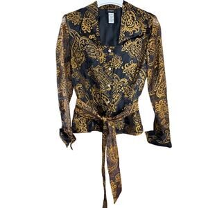 MKC Long Sheer Sleeve Button Up Belted Formal Semi Formal Blouse Medium